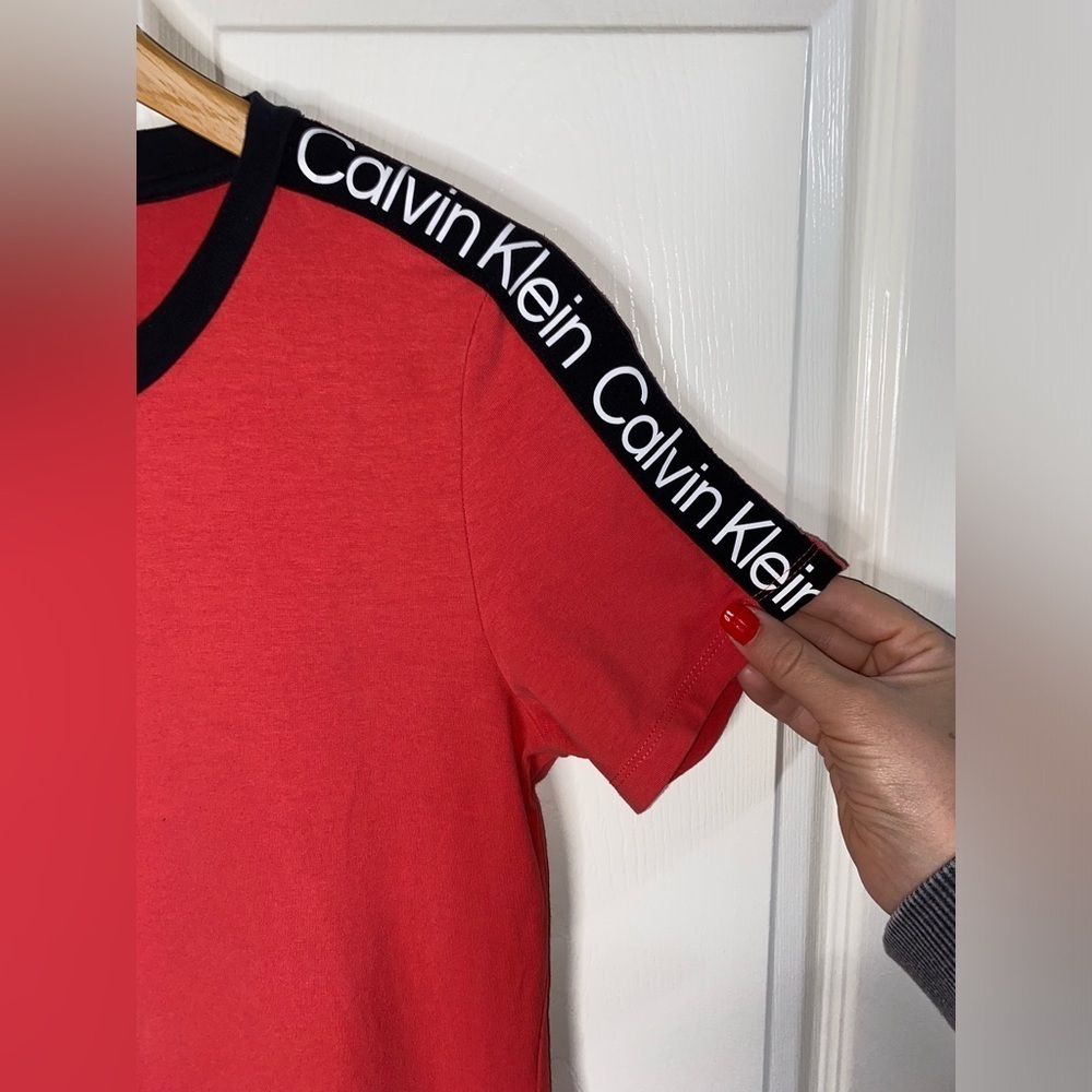 Calvin Klein Women's Short Sleeve Logo T-Shirt Dress, Red Hot, Everyday Casual - Picture 3 of 6